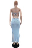 Geel Sexy Solid Bandage Backless Slit Strapless Mouwloos Two Pieces