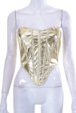 Silver Sexy Solid Bandage Patchwork Asymmetrical Strapless Tops