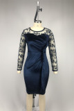 Marinblå Casual Solid Patchwork Genomskinlig O-hals långärmade klänningar