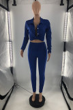 Blue Casual Solid Patchwork Turndown Collar Long Sleeve Two Pieces