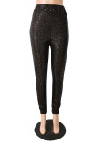 Black Sexy Solid Sequins Mid Waist Pencil Bottoms