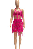 Rose Red Sexy Solid Tassel Hollowed Out Patchwork Halter Sleeveless Two Pieces