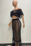 Black Sexy Solid Tassel Hollowed Out Patchwork Off the Shoulder Short Sleeve Two Pieces