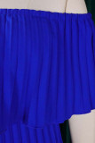 ブルー カジュアル ソリッド パッチワーク フォールド オフショルダー ストレート ドレス