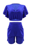 Blue Casual Solid Patchwork Flounce V Neck Short Sleeve Two Pieces