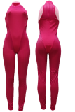 Rose Red Sexy Solid Mesh Halter Skinny Jumpsuits
