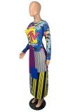 Blue Red Casual Print Patchwork O Neck Long Sleeve Dresses