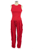 Rose Red Fashion Casual Solid Tassel Patchwork O Neck Sleeveless Two Pieces