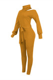 Yellow Casual Solid Hollowed Out Turtleneck Skinny Jumpsuits