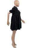 Black Fashion Casual Solid Basic Turndown Collar Short Sleeve Dress