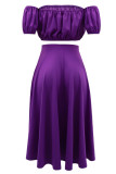 Purple Casual Solid Backless Off the Shoulder Short Sleeve Two Pieces