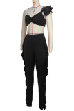 Black Sexy Solid Patchwork Flounce Asymmetrical Collar Sleeveless Two Pieces