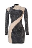 Silver Sexy Patchwork Pearl Hot Drill O Neck Long Sleeve Dresses