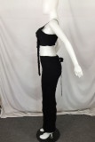 Black Sexy Solid Bandage Patchwork Spaghetti Strap Sleeveless Two Pieces