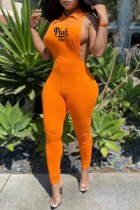 Oranje sexy print letter turndown kraag jumpsuits
