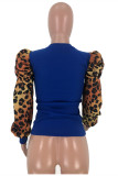 Moda Azul Casual Estampa Leopard Patchwork O Neck Tops