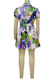 Yellow Sweet Print Patchwork Buckle With Belt Turndown Collar A Line Dresses