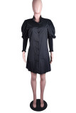Черные уличные однотонные платья-рубашки с отложным воротником и пряжкой в ​​стиле пэчворк
