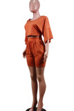 Tangerine Red Casual Solid Patchwork Fold O Neck Half Sleeve Two Pieces