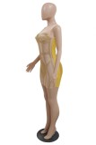Gold Sexy Patchwork See-through O Neck Sleeveless Dress Dresses