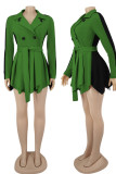 グリーン カジュアル ソリッド パッチワーク ベルト付き ターンバック カラー ストレート ドレス