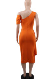Tangerine Red Elegant Solid Patchwork Oblique Collar Evening Dress Dresses