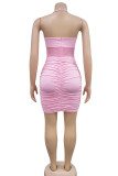 Pink Sexy Solid Patchwork Feathers Fold Halter Pencil Skirt Dresses