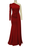 Rotes, elegantes, solides Patchwork-Abendkleid mit schrägem Kragen
