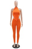 Naranja sexy casual sólido sin espalda asimétrico halter sin mangas dos piezas