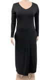 Black Casual Solid Patchwork V Neck Long Sleeve Plus Size Dresses