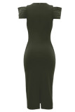 Green Casual Solid Patchwork Slit O Neck Wrapped Skirt Dresses