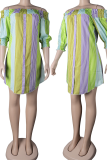 Pink Green Casual Striped Patchwork Off the Shoulder Straight Dresses