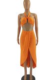 Tangerine Red Sexy Solid Patchwork Halter Due Pezzi