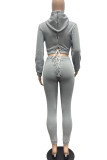 Grey Casual Street Solid Bandage Patchwork Hooded Collar Long Sleeve Two Pieces