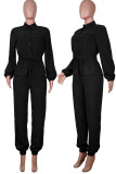 Black Casual Solid Patchwork Buckle Turndown Collar Jumpsuits