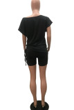 Black Casual Sportswear Solid Patchwork Draw String Oblique Collar Short Sleeve Two Pieces