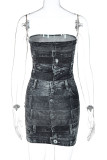 Black Street Print Patchwork Strapless Wrapped Skirt Dresses