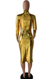 Gold Sexy Cap Sleeve Long Sleeves O neck Step Skirt Mid-Calf Solid