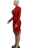 Красное сексуальное однотонное вечернее платье с кисточками и блестками, лоскутное, асимметричное, вечернее платье, платья