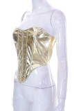 Silver Sexy Solid Bandage Patchwork Asymmetrical Strapless Tops