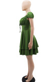 Green Casual Solid Patchwork Frenulum Square Collar A Line Dresses