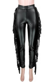 Pantalones pitillo de cintura alta con retazos de borlas sólidas informales negro