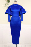Синее модное повседневное однотонное базовое вечернее платье с длинным рукавом и водолазкой