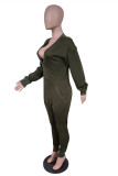 Army Green Fashion Casual Solid Patchwork Pocket V Neck Regular Jumpsuits
