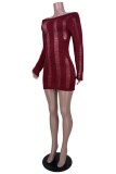 Pink Sexy Solid Hollowed Out Backless O Neck Long Sleeve Dresses