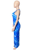 Blau Sexy Casual Print Basic U-Ausschnitt Weste Kleid Kleider