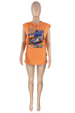 Orange Fashion Casual Print Hollowed Out V Neck Tops
