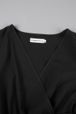ブラック カジュアル ソリッド 小帯 プリーツ V ネック 長袖 ドレス