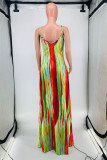 Green Fashion Sexy Print Backless Spaghetti Strap Long Dress