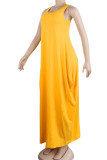Vestido largo con cuello en U de patchwork sólido informal amarillo Vestidos